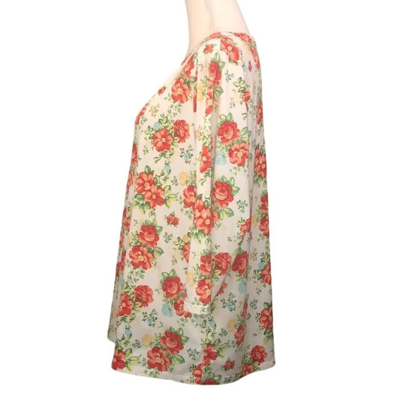 THE PIONEER WOMAN Sz XL Women's Floral White Red Green Stretch 3/4 Sleeve Top - Picture 3 of 5